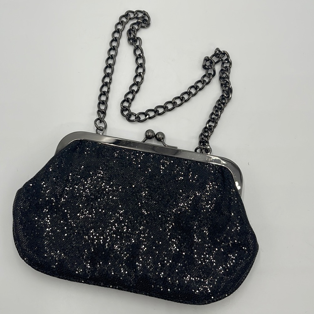 Express evening Bag with metal chain strap, mini sequin black